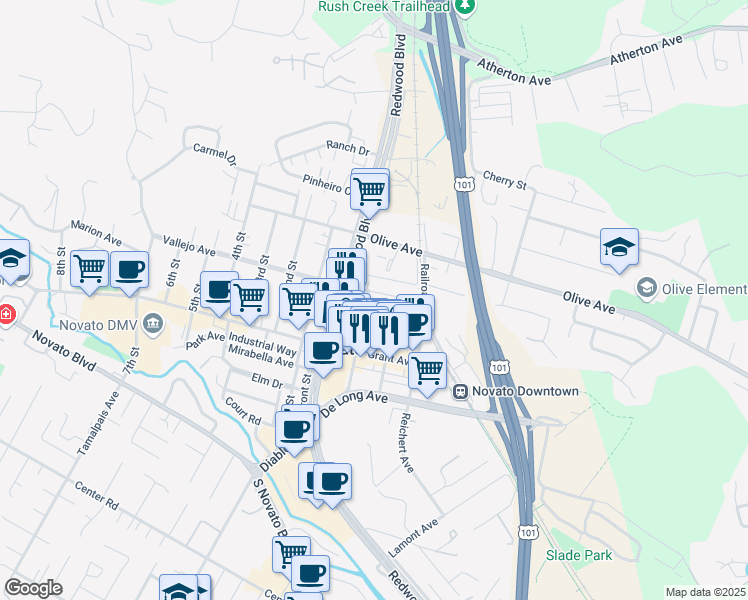 map of restaurants, bars, coffee shops, grocery stores, and more near 1068 Machin Avenue in Novato