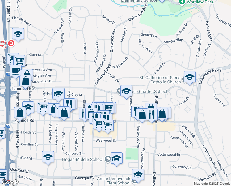 map of restaurants, bars, coffee shops, grocery stores, and more near 2833 Tennessee Street in Vallejo