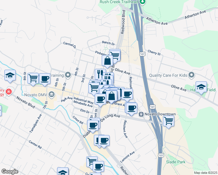 map of restaurants, bars, coffee shops, grocery stores, and more near 7416 Redwood Boulevard in Novato