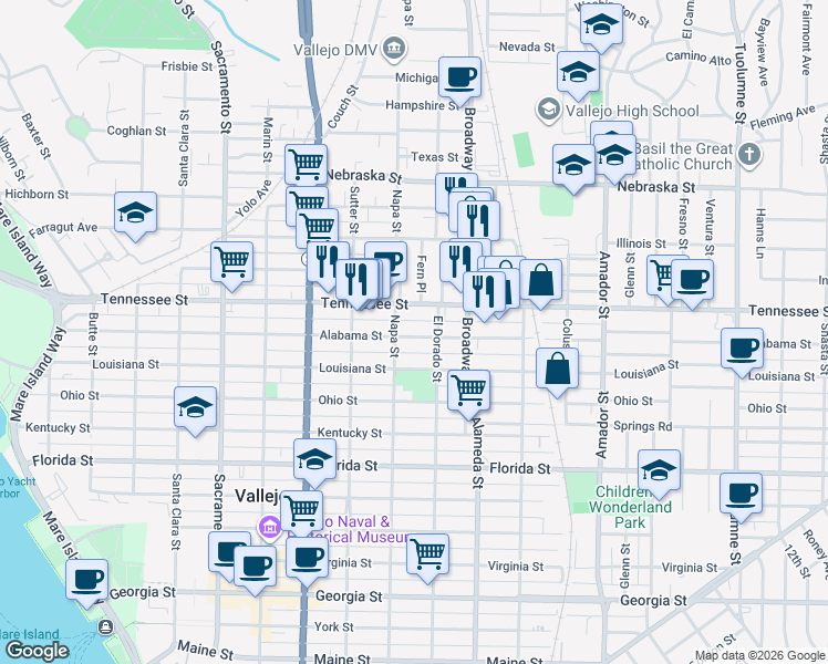 map of restaurants, bars, coffee shops, grocery stores, and more near 848 Alabama Street in Vallejo