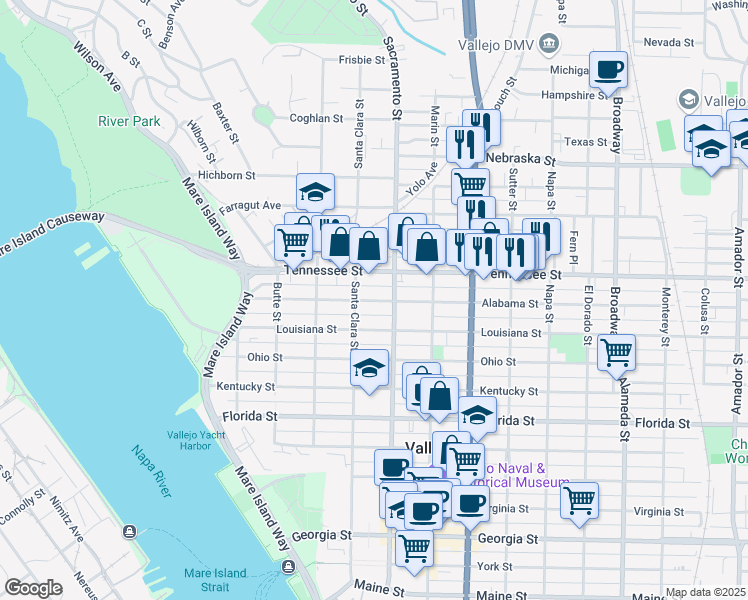 map of restaurants, bars, coffee shops, grocery stores, and more near 319 Alabama Street in Vallejo