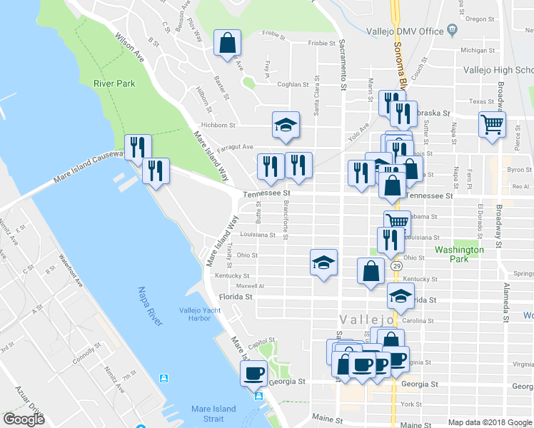 map of restaurants, bars, coffee shops, grocery stores, and more near 129 Alabama Street in Vallejo
