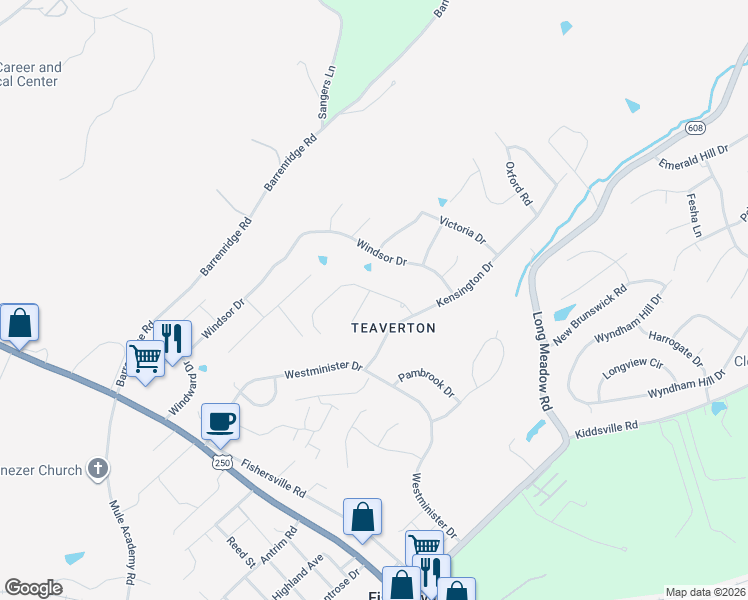 map of restaurants, bars, coffee shops, grocery stores, and more near 44 Hereford Dr in Fishersville