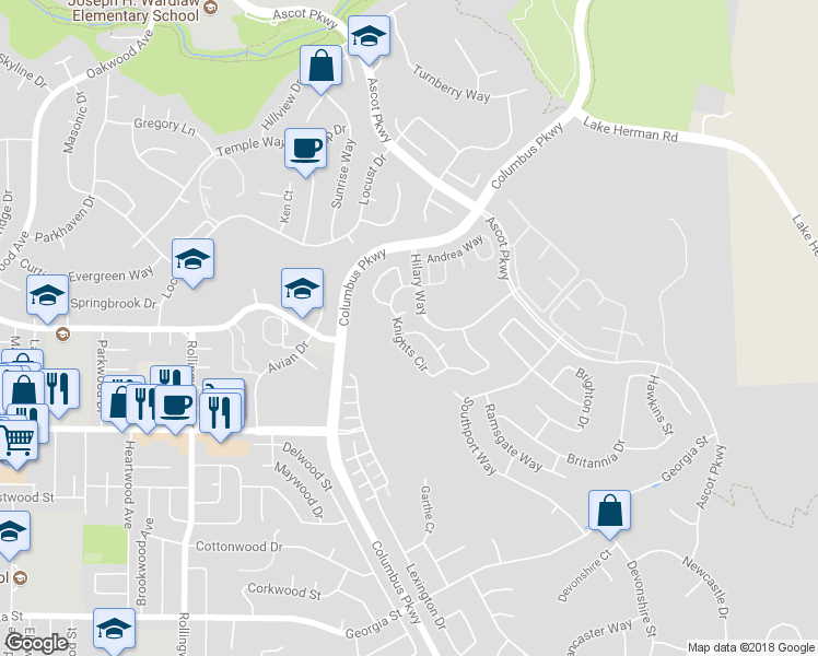 map of restaurants, bars, coffee shops, grocery stores, and more near 136 Bolton Way in Vallejo