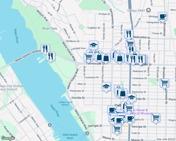 map of restaurants, bars, coffee shops, grocery stores, and more near 114 Alabama Street in Vallejo