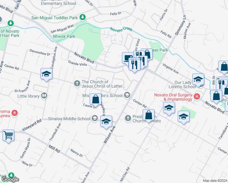 map of restaurants, bars, coffee shops, grocery stores, and more near 2036 Center Road in Novato