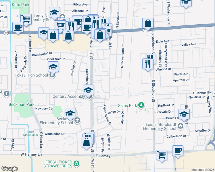 map of restaurants, bars, coffee shops, grocery stores, and more near 1905 Church Street in Lodi