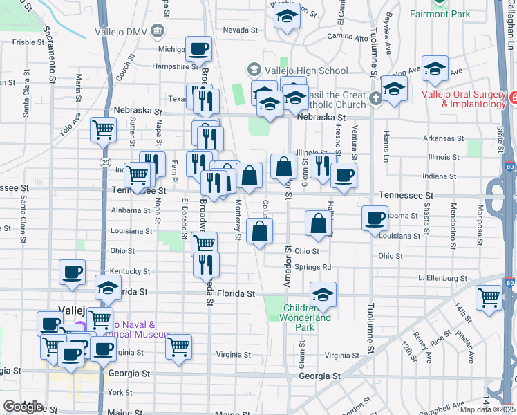 map of restaurants, bars, coffee shops, grocery stores, and more near 1130 Alabama St in Vallejo