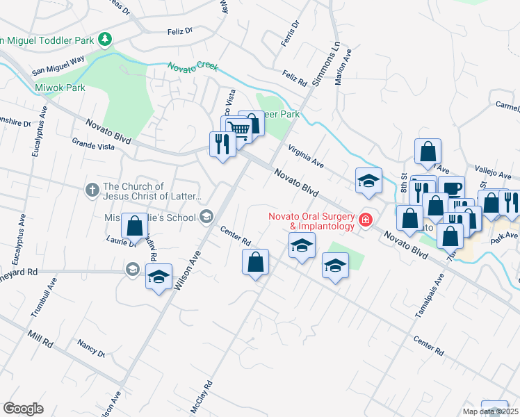 map of restaurants, bars, coffee shops, grocery stores, and more near 836 Wilmac Avenue in Novato