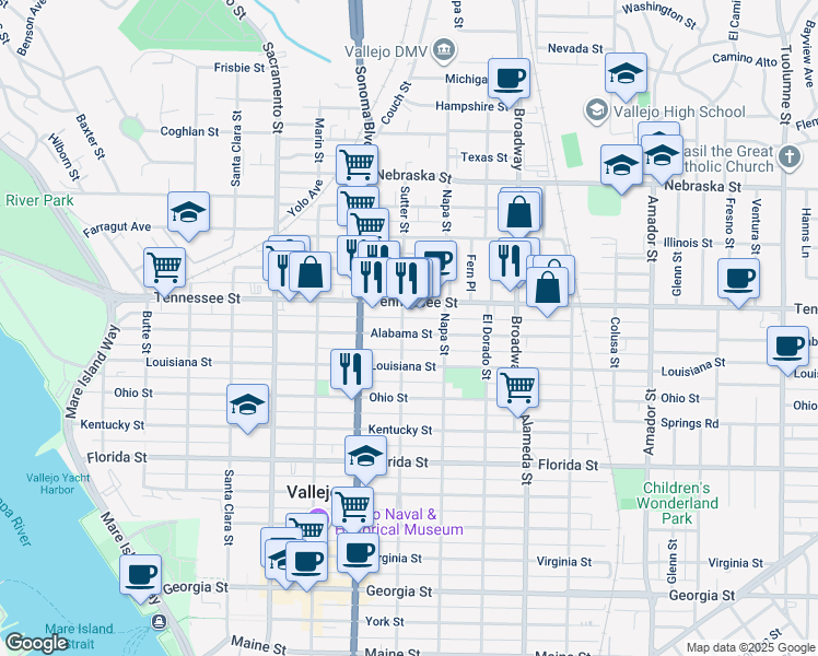 map of restaurants, bars, coffee shops, grocery stores, and more near 702 Alabama Street in Vallejo