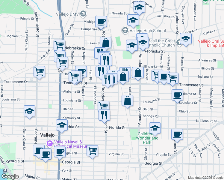 map of restaurants, bars, coffee shops, grocery stores, and more near 1046 Alabama Street in Vallejo