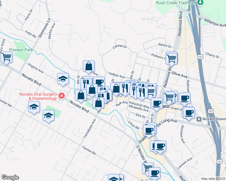 map of restaurants, bars, coffee shops, grocery stores, and more near 1590 Grant Avenue in Novato