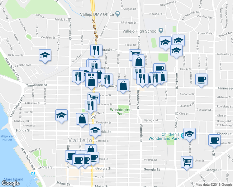 map of restaurants, bars, coffee shops, grocery stores, and more near 744 Alabama Street in Vallejo