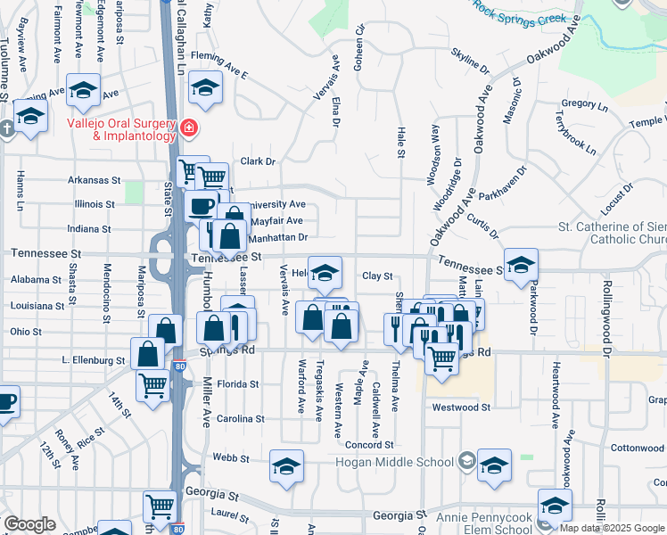 map of restaurants, bars, coffee shops, grocery stores, and more near 1181 Maple Avenue in Vallejo