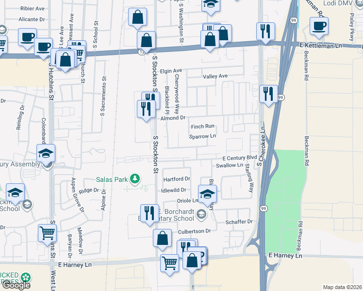 map of restaurants, bars, coffee shops, grocery stores, and more near 258 Meadowlark Way in Lodi