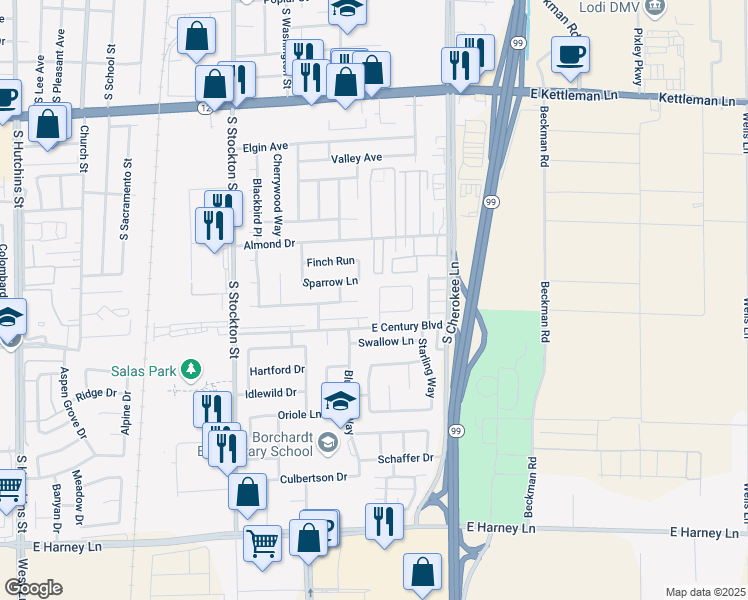 map of restaurants, bars, coffee shops, grocery stores, and more near 533 Sandpiper Circle in Lodi