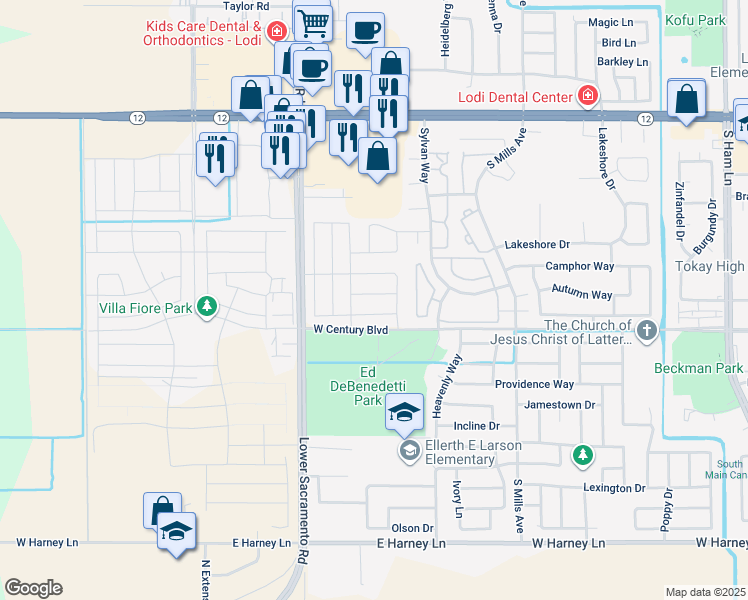 map of restaurants, bars, coffee shops, grocery stores, and more near 2328 Bellows Way in Lodi