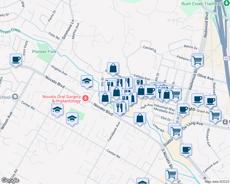 map of restaurants, bars, coffee shops, grocery stores, and more near 1737 Grant Ave in Novato