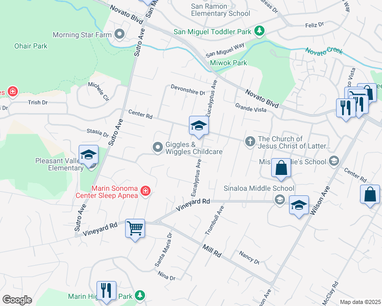 map of restaurants, bars, coffee shops, grocery stores, and more near 52 Santa Ynez Circle in Novato