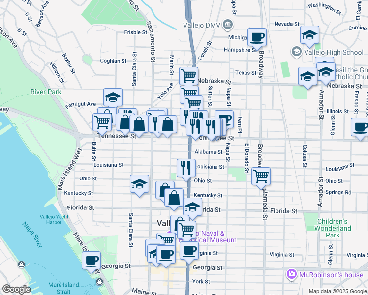 map of restaurants, bars, coffee shops, grocery stores, and more near 505 Alabama Street in Vallejo