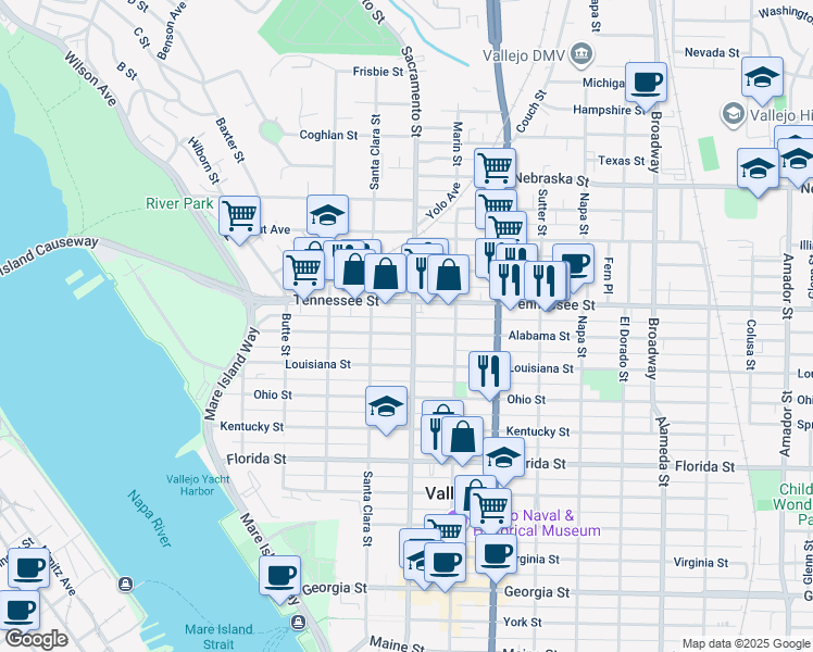 map of restaurants, bars, coffee shops, grocery stores, and more near 319 Alabama Street in Vallejo