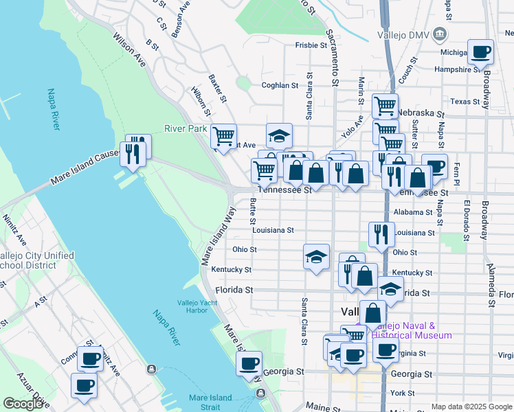 map of restaurants, bars, coffee shops, grocery stores, and more near 29 Alabama Street in Vallejo
