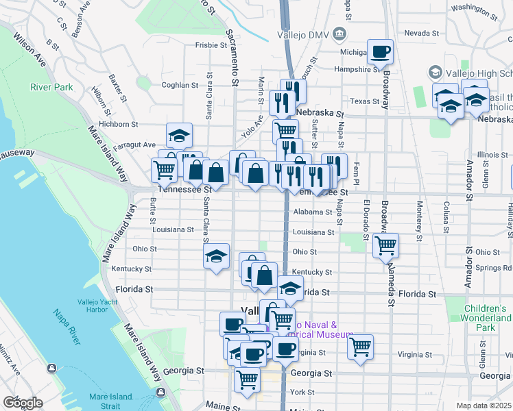 map of restaurants, bars, coffee shops, grocery stores, and more near 505 Alabama Street in Vallejo