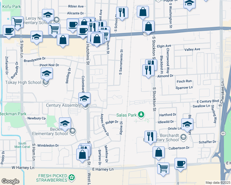 map of restaurants, bars, coffee shops, grocery stores, and more near 146 Adobe Court in Lodi