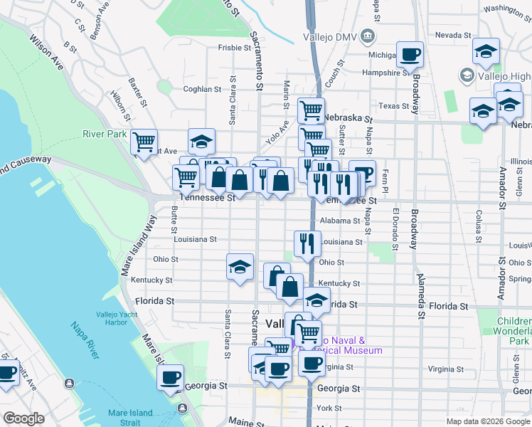 map of restaurants, bars, coffee shops, grocery stores, and more near 410 Alabama Street in Vallejo