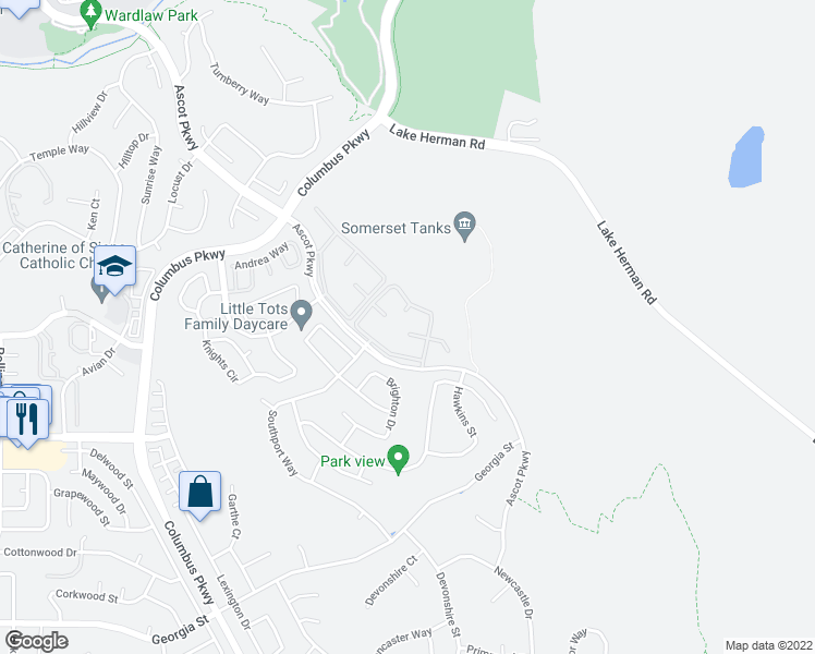 map of restaurants, bars, coffee shops, grocery stores, and more near 2000 Ascot Parkway in Vallejo