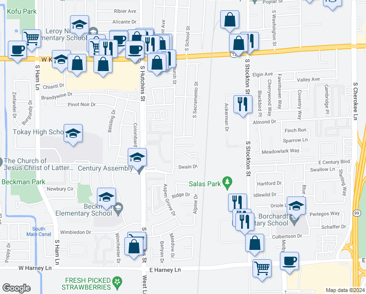map of restaurants, bars, coffee shops, grocery stores, and more near 154 Adobe Court in Lodi