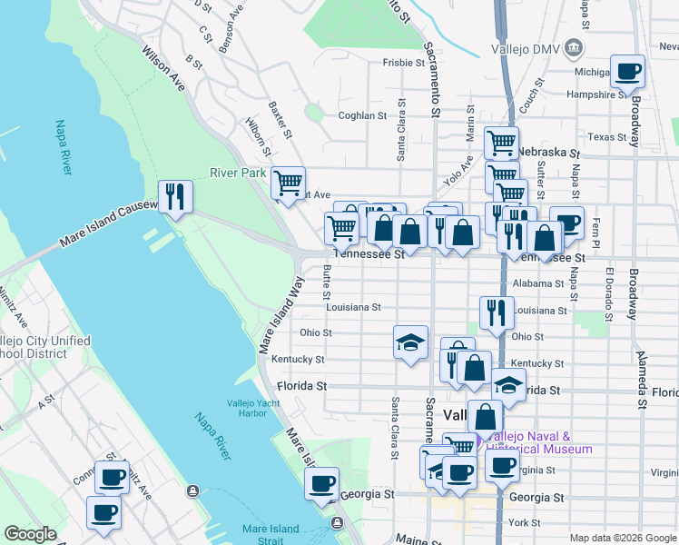 map of restaurants, bars, coffee shops, grocery stores, and more near 112 Alabama Street in Vallejo