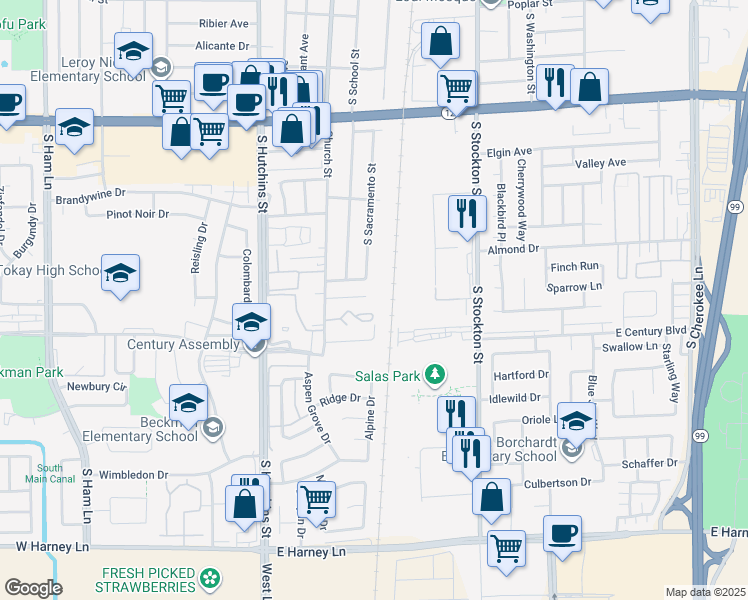 map of restaurants, bars, coffee shops, grocery stores, and more near 1912 Church Street in Lodi