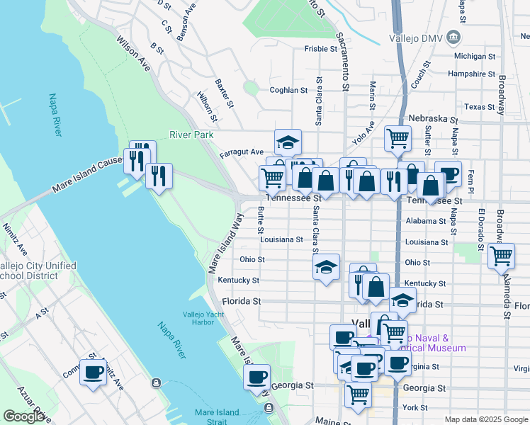 map of restaurants, bars, coffee shops, grocery stores, and more near 29 Alabama Street in Vallejo