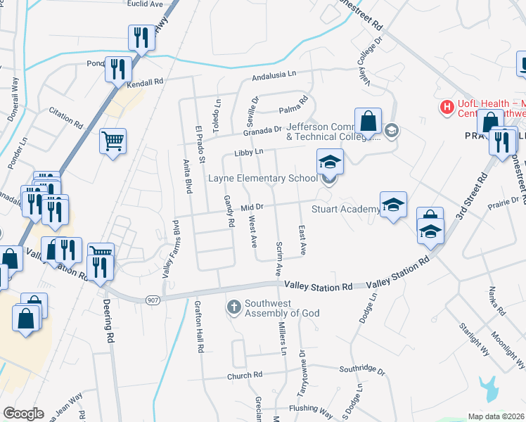 map of restaurants, bars, coffee shops, grocery stores, and more near 9902 West Avenue in Louisville