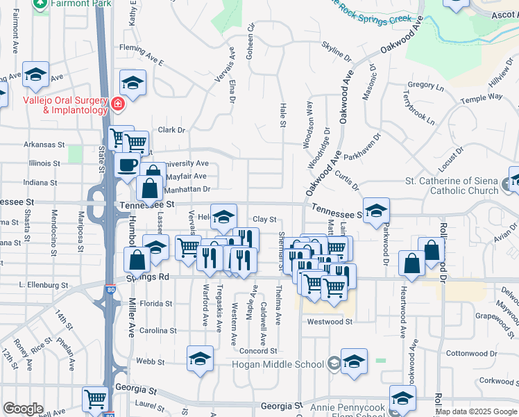 map of restaurants, bars, coffee shops, grocery stores, and more near 120 Clay Street in Vallejo