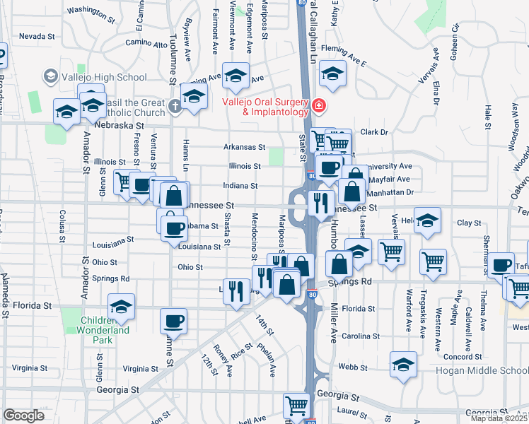 map of restaurants, bars, coffee shops, grocery stores, and more near 1832 Alabama Street in Vallejo