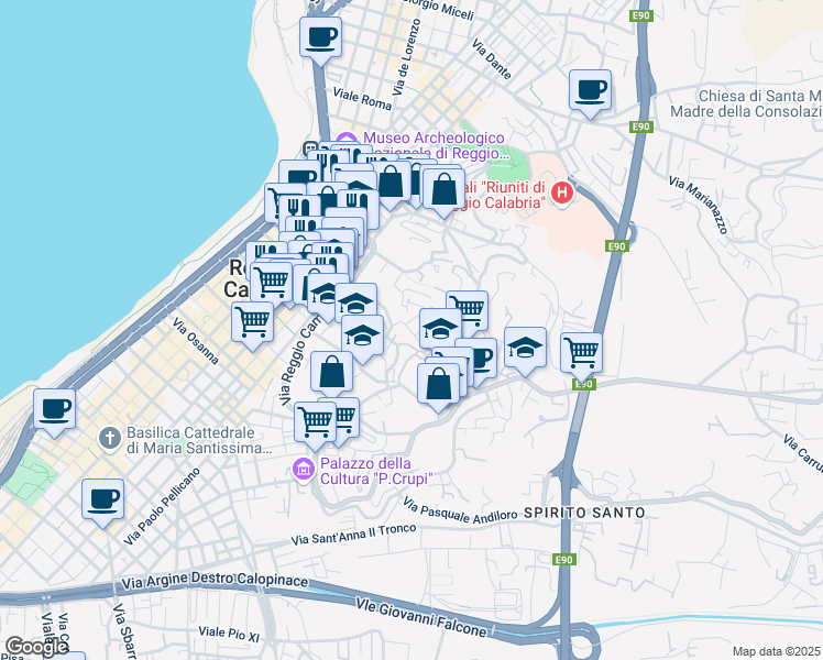 map of restaurants, bars, coffee shops, grocery stores, and more near 8 Via Villini Svizzeri in Reggio Calabria