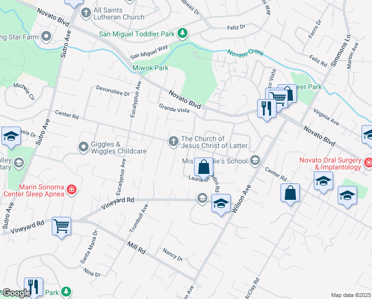map of restaurants, bars, coffee shops, grocery stores, and more near 97 Laurie Drive in Novato