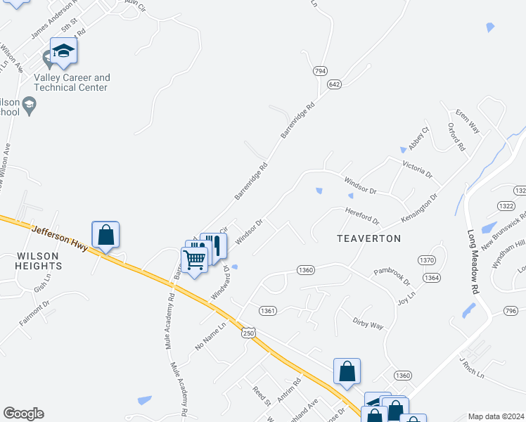 map of restaurants, bars, coffee shops, grocery stores, and more near 239 Windsor Drive in Fishersville
