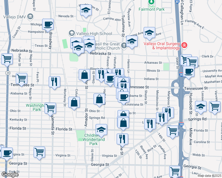map of restaurants, bars, coffee shops, grocery stores, and more near 1446 Alabama Street in Vallejo