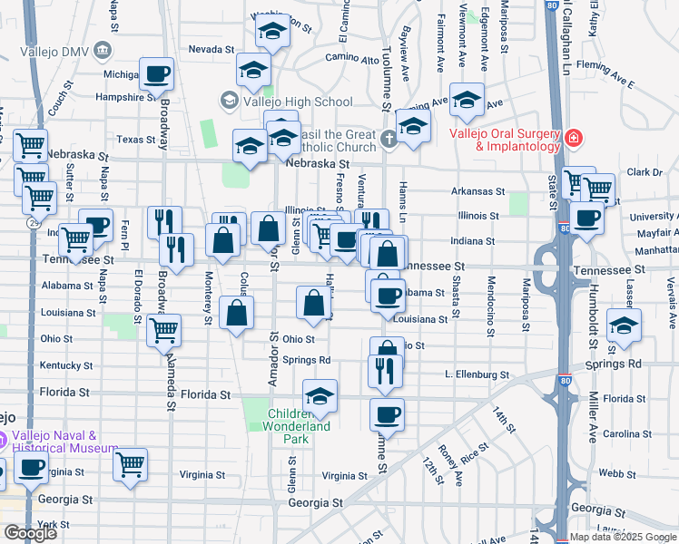 map of restaurants, bars, coffee shops, grocery stores, and more near 1333 Alabama Street in Vallejo