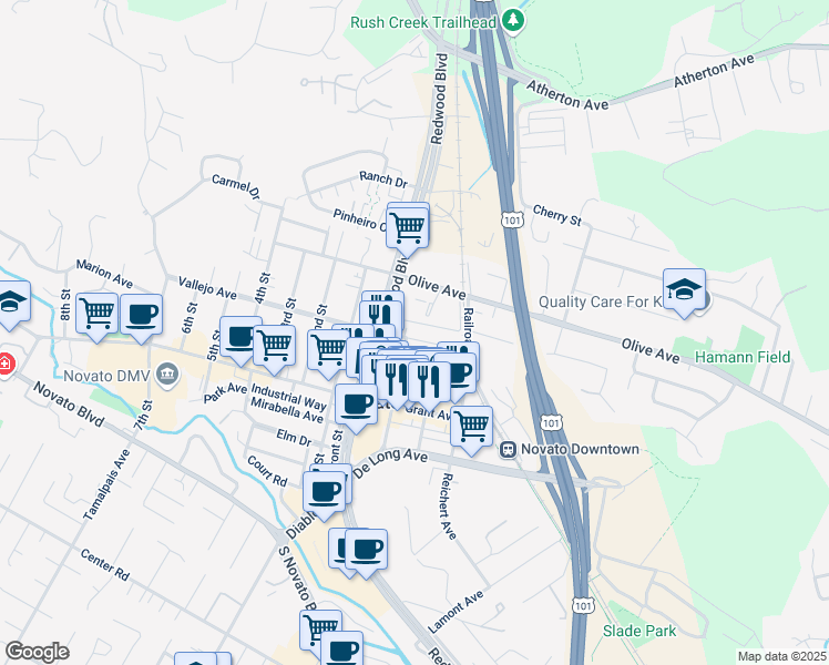 map of restaurants, bars, coffee shops, grocery stores, and more near 1068 Machin Ave in Novato