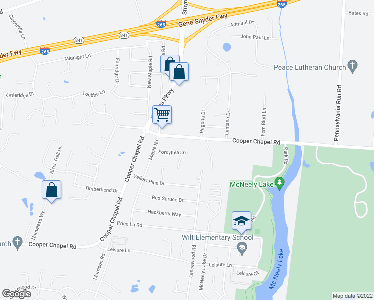 map of restaurants, bars, coffee shops, grocery stores, and more near 6303 Forsythia Lane in Louisville