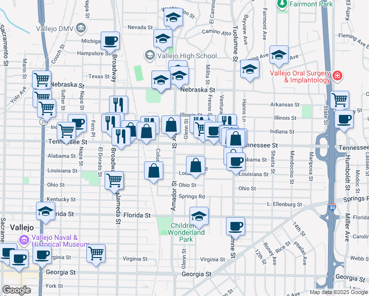 map of restaurants, bars, coffee shops, grocery stores, and more near 1311 Alabama Street in Vallejo