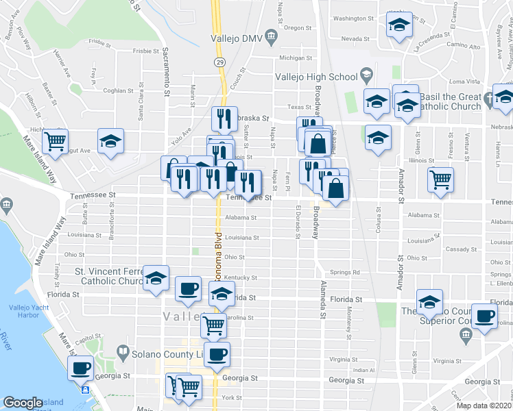 map of restaurants, bars, coffee shops, grocery stores, and more near 702 Alabama Street in Vallejo