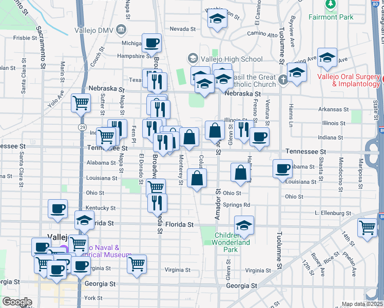 map of restaurants, bars, coffee shops, grocery stores, and more near 1130 Alabama Street in Vallejo