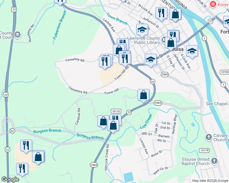 map of restaurants, bars, coffee shops, grocery stores, and more near Tower Hill in Louisa