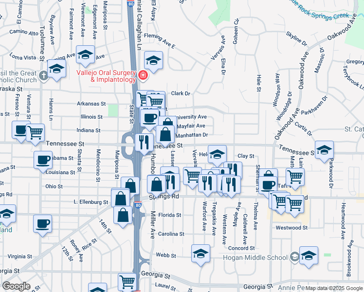 map of restaurants, bars, coffee shops, grocery stores, and more near 2307 Tennessee Street in Vallejo