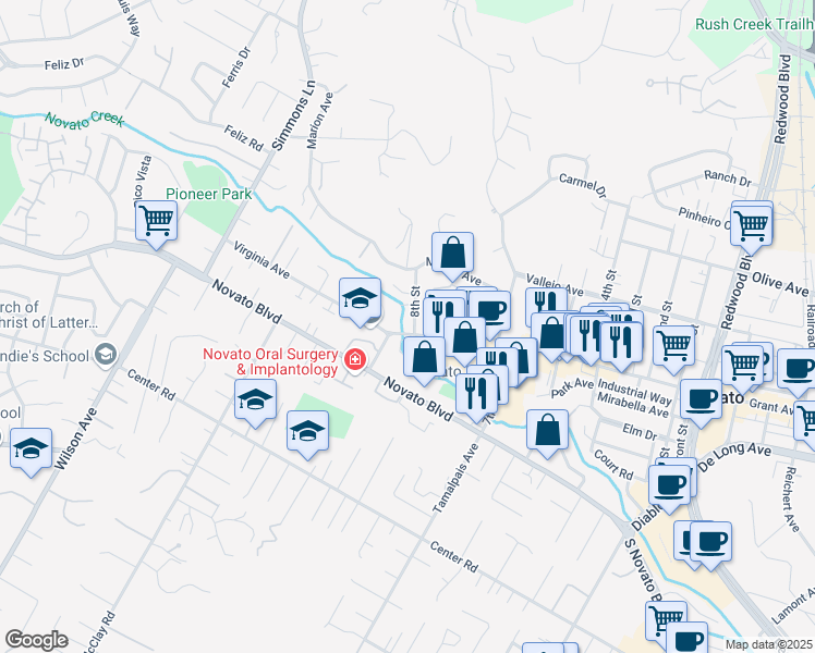 map of restaurants, bars, coffee shops, grocery stores, and more near 4 Monterey Court in Novato